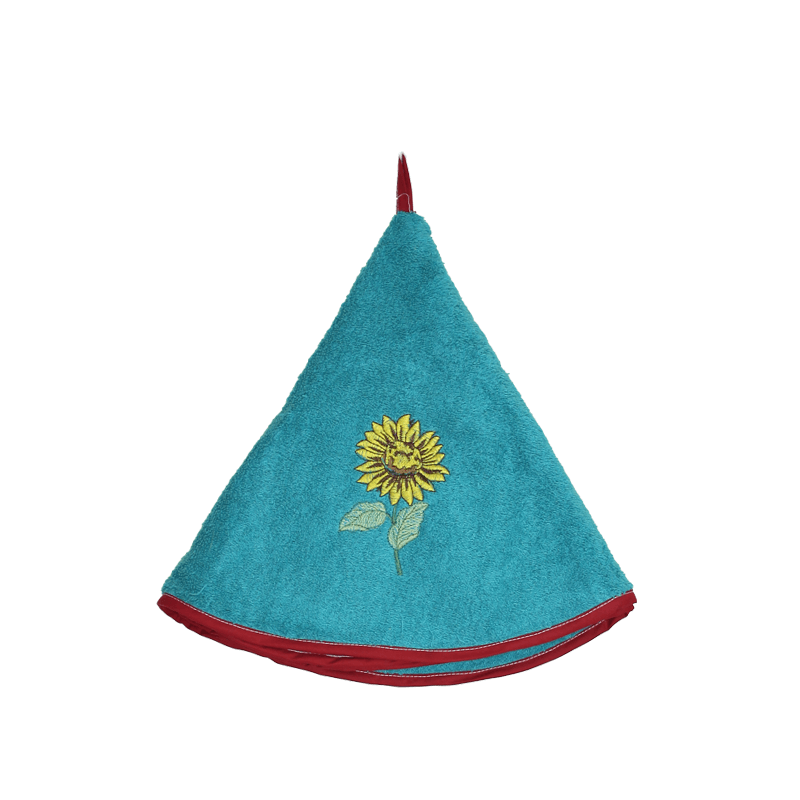 Ronde katoenen keukenhanddoek blauw met zonnebloemopdruk van Franse Tafelkleden.