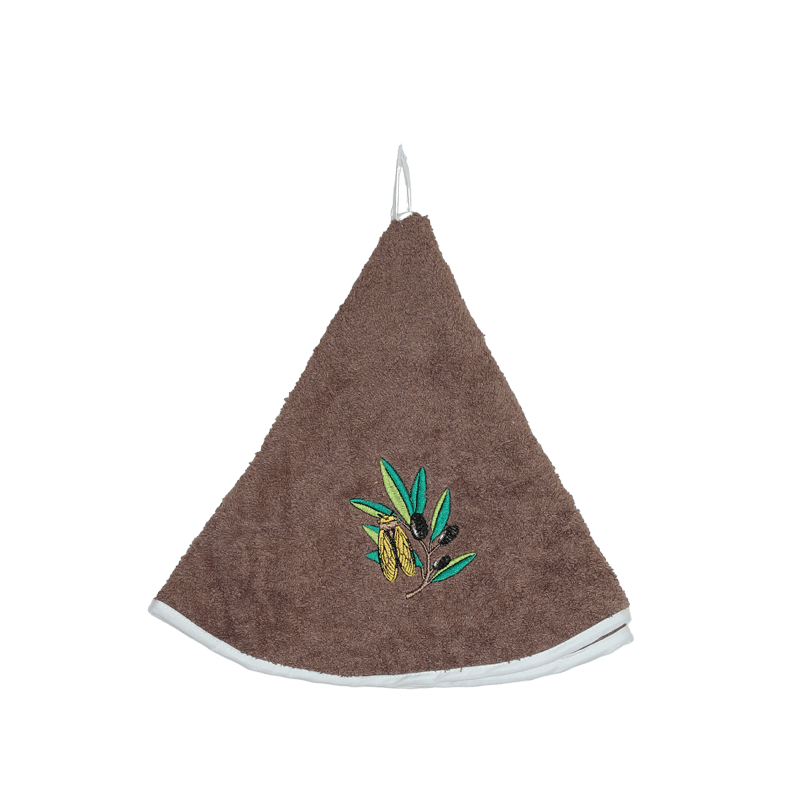 Round cotton kitchen towel with olive and bee design by Franse Tafelkleden.