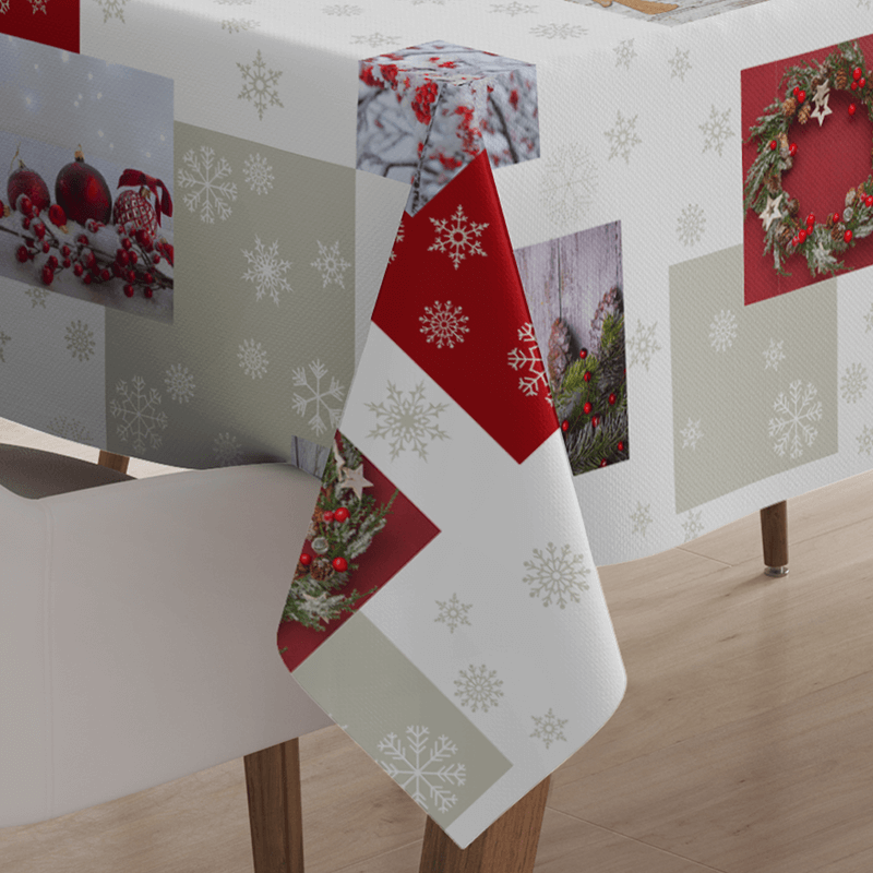 Perfect holiday tablecloth featuring Christmas balls, wreaths, and snowflakes in 100% polyester.