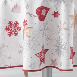 Ecru tablecloth with festive red Christmas print: hearts and snowflakes.