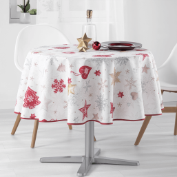 Nappe écrue avec sapins rouges et flocons. 100 % polyester.