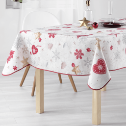 Nappe écrue avec flocons rouges et cœurs. Idéale pour Noël!