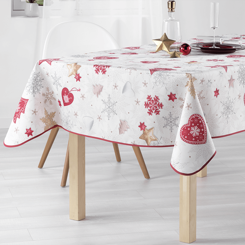 Ecru tablecloth with red Christmas trees and snowflakes. 100% polyester.