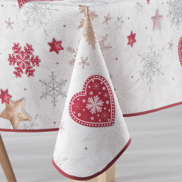 Ecru tablecloth with red hearts, snowflakes, and Christmas trees.