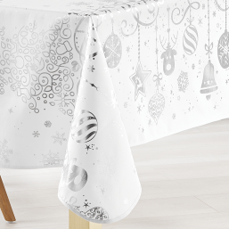 White-Silver Polyester Christmas Tablecloth | Franse Tafelkleden